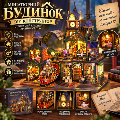3D Румбокс DIY Поєднане місто на залізничних коліях + Пилозахисний купол ES019-B 2917770350229 фото